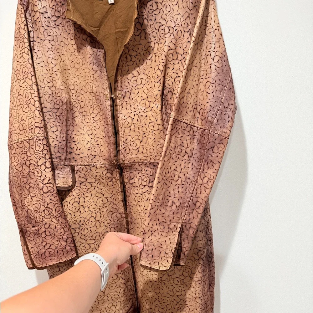 Scully Ladies Laser Cut Leather Coat Large L Tan Mid Length Fall Boho Luxury - Picture 8 of 11